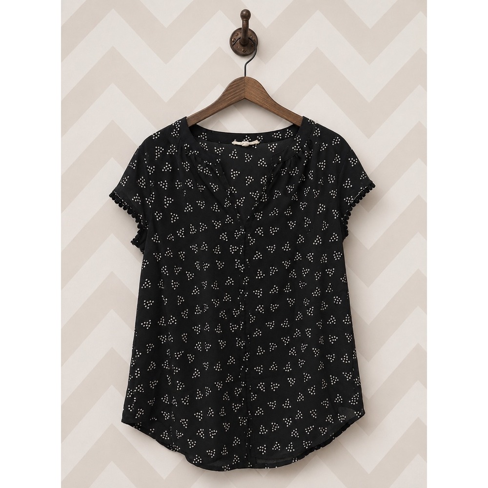 Fun2Fun Blouse Black Geometric Dot Pom Pom Trim Cap Sleeve Size M‎ FD88214-3
